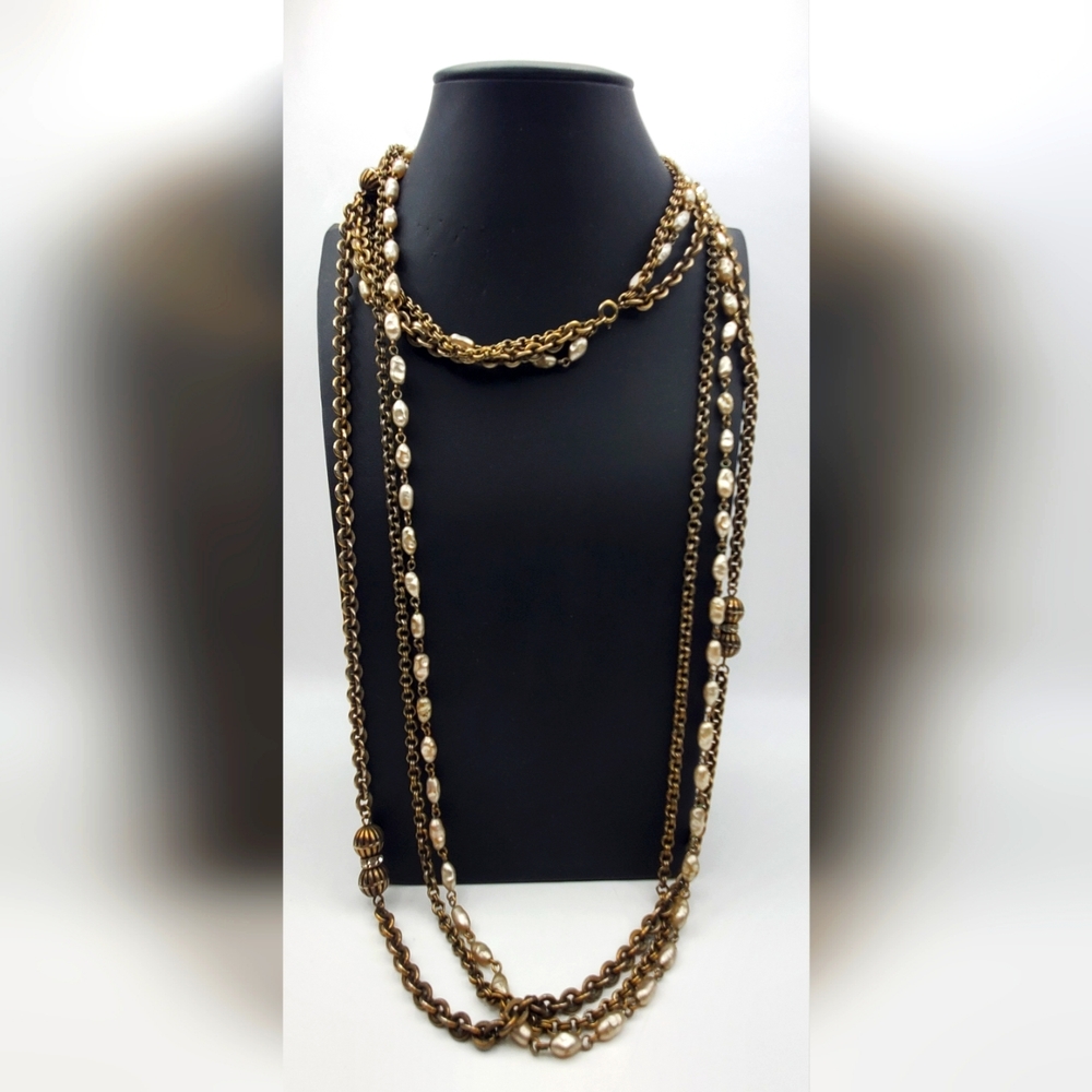 Faux Pearl Rhinestone Necklace Multi Layer Strand Antique Gold Tone Chain 48" L